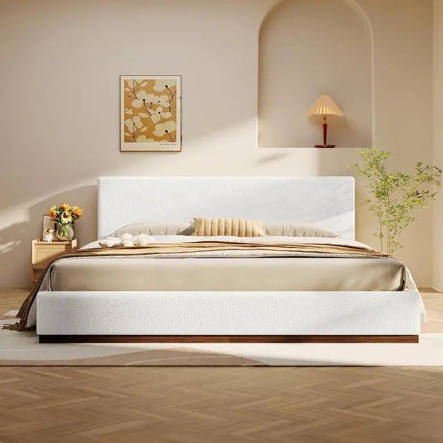 Main image of King Size Floor Bed with Solid Wood Base, Elegant Boucle Upholstered Bedframe, Modern Luxury Double Bed, Cushioned Bedroom Furniture, No Box Spring Needed, Noise-Free, White
