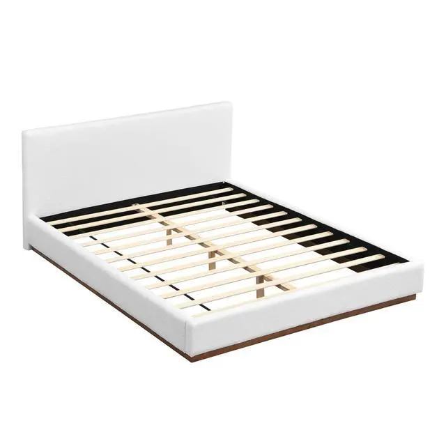 Alt view image 4 of 7 - Queen Size Floor Bed with Solid Wood Base, Elegant Boucle Upholstered Bedframe, Modern Luxury Double Bed, Cushioned Bedroom Furniture, No Box Spring Needed, Noise-Free, White