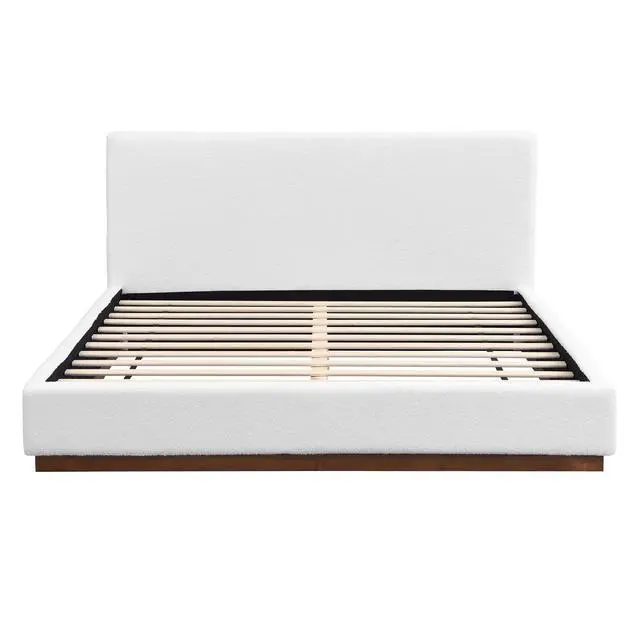Alt view image 5 of 7 - Queen Size Floor Bed with Solid Wood Base, Elegant Boucle Upholstered Bedframe, Modern Luxury Double Bed, Cushioned Bedroom Furniture, No Box Spring Needed, Noise-Free, White