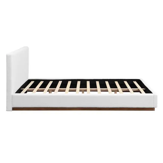 Alt view image 6 of 7 - Queen Size Floor Bed with Solid Wood Base, Elegant Boucle Upholstered Bedframe, Modern Luxury Double Bed, Cushioned Bedroom Furniture, No Box Spring Needed, Noise-Free, White