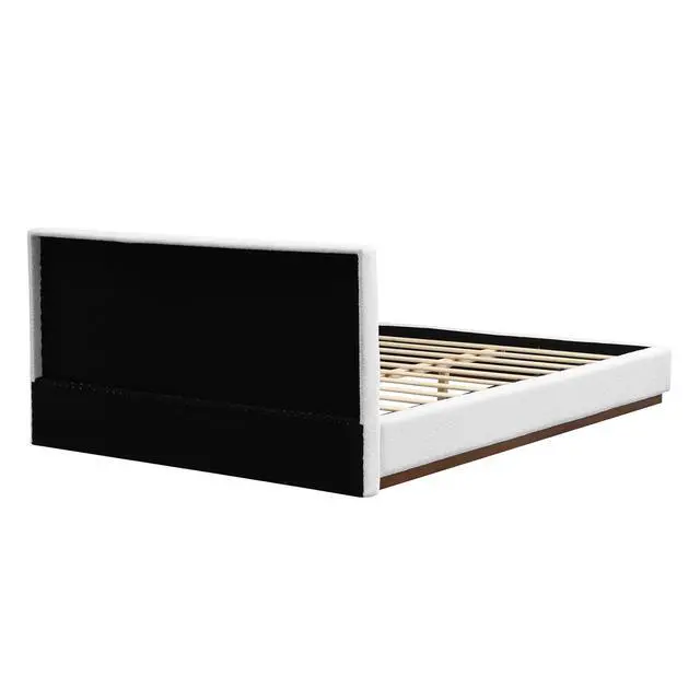 Alt view image 7 of 7 - Queen Size Floor Bed with Solid Wood Base, Elegant Boucle Upholstered Bedframe, Modern Luxury Double Bed, Cushioned Bedroom Furniture, No Box Spring Needed, Noise-Free, White