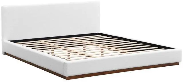 Alt view image 4 of 7 - King Size Floor Bed with Solid Wood Base, Elegant Boucle Upholstered Bedframe, Modern Luxury Double Bed, Cushioned Bedroom Furniture, No Box Spring Needed, Noise-Free, White