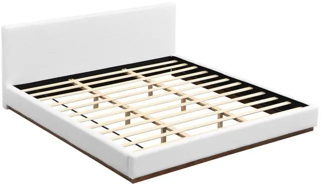 Alt view image 5 of 7 - King Size Floor Bed with Solid Wood Base, Elegant Boucle Upholstered Bedframe, Modern Luxury Double Bed, Cushioned Bedroom Furniture, No Box Spring Needed, Noise-Free, White