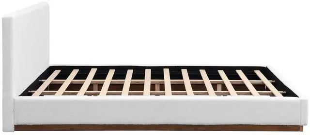 Alt view image 6 of 7 - King Size Floor Bed with Solid Wood Base, Elegant Boucle Upholstered Bedframe, Modern Luxury Double Bed, Cushioned Bedroom Furniture, No Box Spring Needed, Noise-Free, White