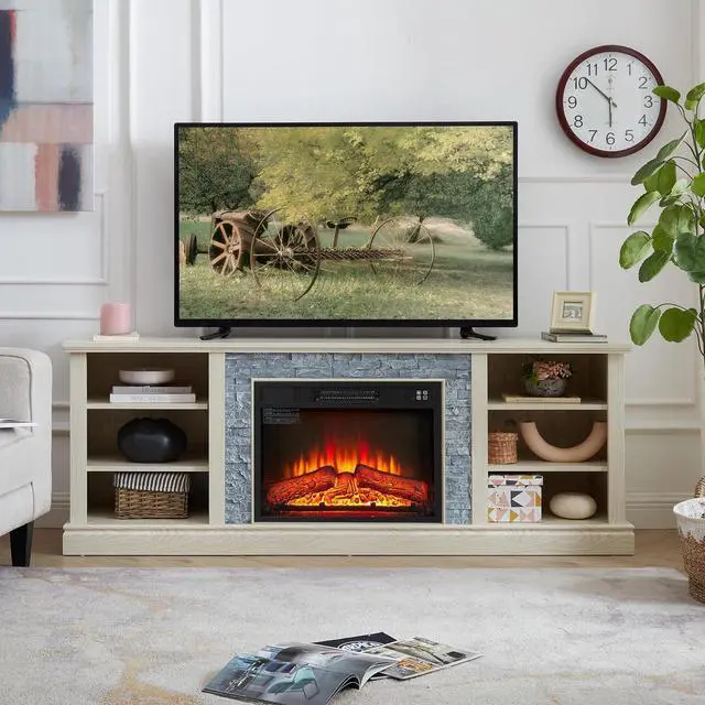 Alt view image 3 of 7 - 65" Farmhouse Fireplace TV Stand with 23" Electric Fireplace, Rattan Door Entertainment Center with Fireplace, TV Cabinet with Adjustable Shelf, TV Console Table for TVs up to 70", Cherry