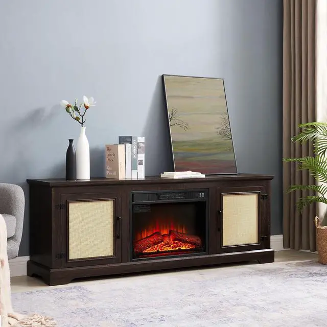 Alt view image 2 of 7 - 65" Farmhouse Fireplace TV Stand with 23" Electric Fireplace, Rattan Door Entertainment Center with Fireplace, TV Cabinet with Adjustable Shelf, TV Console Table for TVs up to 70", Cherry