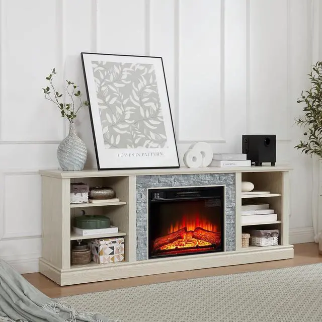 Alt view image 4 of 7 - 65" Farmhouse Fireplace TV Stand with 23" Electric Fireplace, Rattan Door Entertainment Center with Fireplace, TV Cabinet with Adjustable Shelf, TV Console Table for TVs up to 70", Cherry