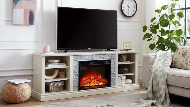 Alt view image 6 of 7 - 65" Farmhouse Fireplace TV Stand with 23" Electric Fireplace, Rattan Door Entertainment Center with Fireplace, TV Cabinet with Adjustable Shelf, TV Console Table for TVs up to 70", Cherry