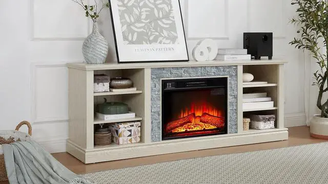 Alt view image 7 of 7 - 65" Farmhouse Fireplace TV Stand with 23" Electric Fireplace, Rattan Door Entertainment Center with Fireplace, TV Cabinet with Adjustable Shelf, TV Console Table for TVs up to 70", Cherry