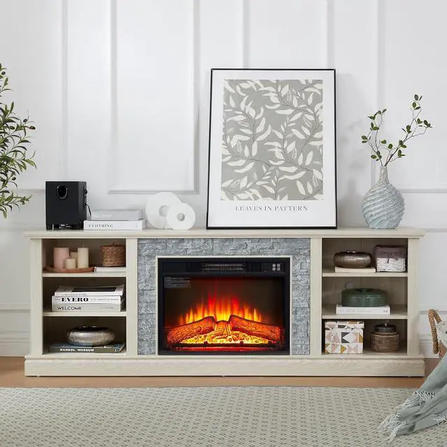 Alt view image 5 of 7 - 65" Farmhouse Fireplace TV Stand with 23" Electric Fireplace, Rattan Door Entertainment Center with Fireplace, TV Cabinet with Adjustable Shelf, TV Console Table for TVs up to 70", Cherry