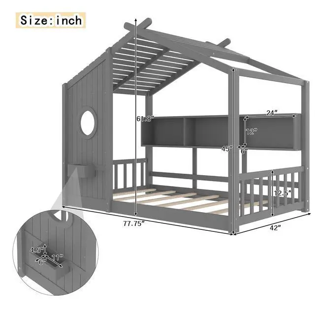 Alt view image 2 of 7 - Twin Size House Bed with Storage Shelf, Wood Floor Montessori Single Bed Frame, Roof Design Playhouse Bed for Boys Girls, Easy Assembly, Gray