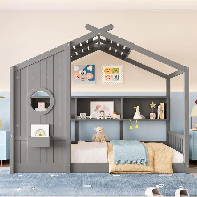 Alt view image 3 of 7 - Twin Size House Bed with Storage Shelf, Wood Floor Montessori Single Bed Frame, Roof Design Playhouse Bed for Boys Girls, Easy Assembly, Gray