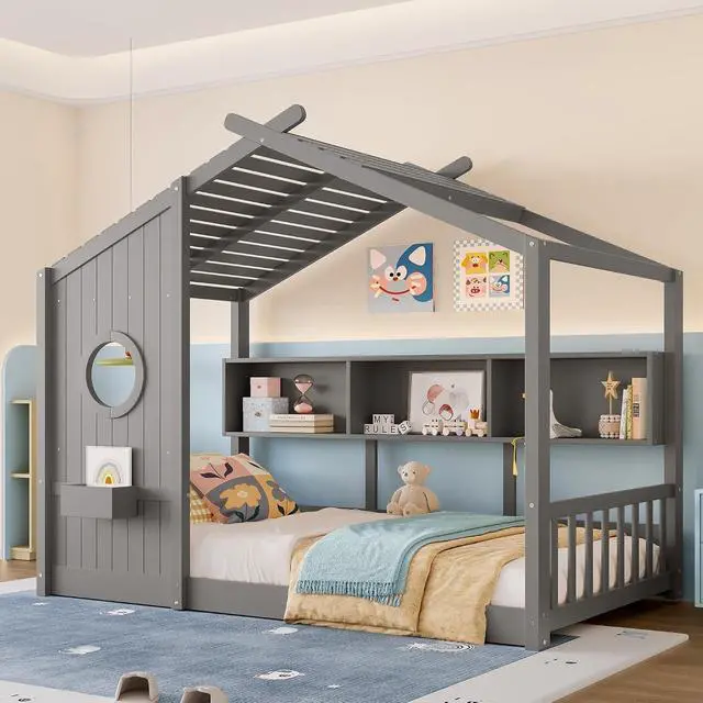 Alt view image 4 of 7 - Twin Size House Bed with Storage Shelf, Wood Floor Montessori Single Bed Frame, Roof Design Playhouse Bed for Boys Girls, Easy Assembly, Gray