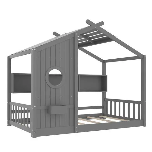 Alt view image 5 of 7 - Twin Size House Bed with Storage Shelf, Wood Floor Montessori Single Bed Frame, Roof Design Playhouse Bed for Boys Girls, Easy Assembly, Gray