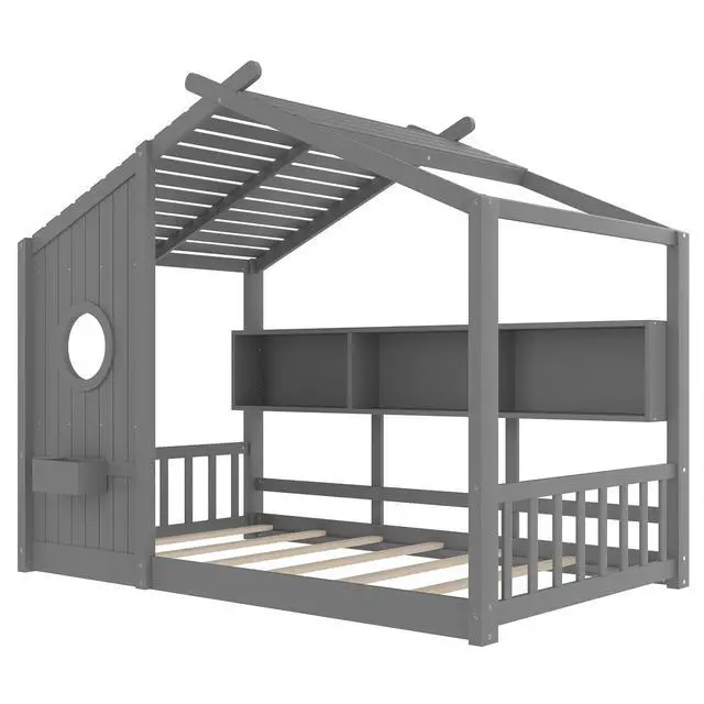Alt view image 6 of 7 - Twin Size House Bed with Storage Shelf, Wood Floor Montessori Single Bed Frame, Roof Design Playhouse Bed for Boys Girls, Easy Assembly, Gray