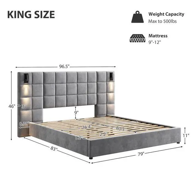 Alt view image 2 of 7 - Wide Headboard King Bed with Reading Light, Velvet Upholstered Bedframe with Wall Sconce and USB Port, Soft Luxury Double Bed, Cushioned Bedroom Furniture, Easy Assembly, Gray