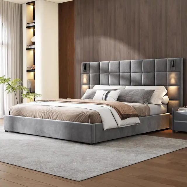 Main image of Wide Headboard King Bed with Reading Light, Velvet Upholstered Bedframe with Wall Sconce and USB Port, Soft Luxury Double Bed, Cushioned Bedroom Furniture, Easy Assembly, Gray
