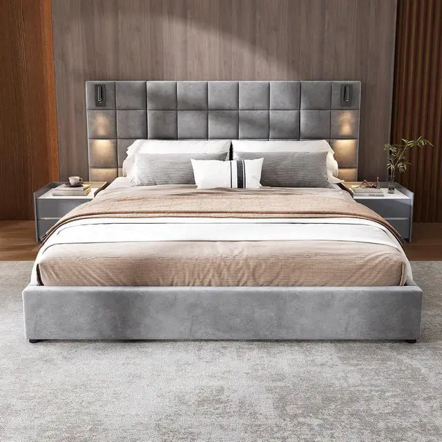 Alt view image 3 of 7 - Wide Headboard King Bed with Reading Light, Velvet Upholstered Bedframe with Wall Sconce and USB Port, Soft Luxury Double Bed, Cushioned Bedroom Furniture, Easy Assembly, Gray