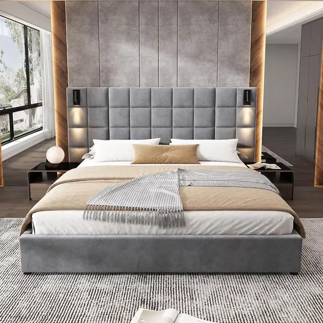 Alt view image 5 of 7 - Wide Headboard King Bed with Reading Light, Velvet Upholstered Bedframe with Wall Sconce and USB Port, Soft Luxury Double Bed, Cushioned Bedroom Furniture, Easy Assembly, Gray