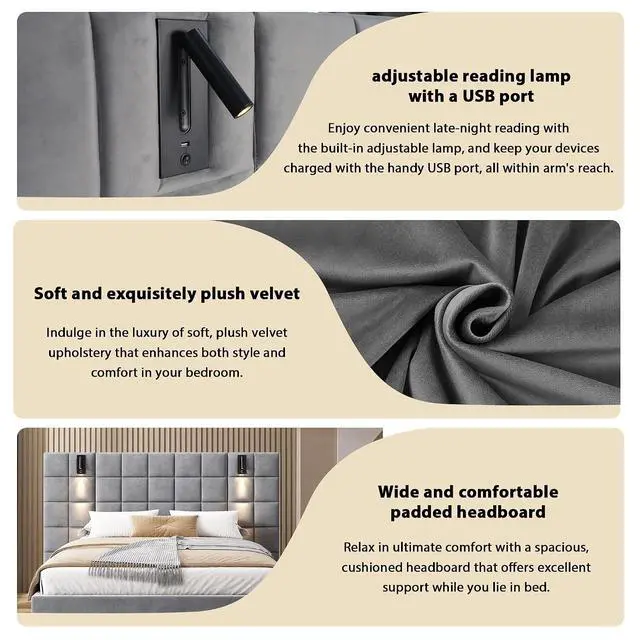 Alt view image 6 of 7 - Wide Headboard King Bed with Reading Light, Velvet Upholstered Bedframe with Wall Sconce and USB Port, Soft Luxury Double Bed, Cushioned Bedroom Furniture, Easy Assembly, Gray