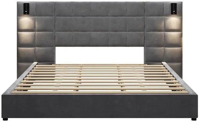 Alt view image 7 of 7 - Wide Headboard King Bed with Reading Light, Velvet Upholstered Bedframe with Wall Sconce and USB Port, Soft Luxury Double Bed, Cushioned Bedroom Furniture, Easy Assembly, Gray