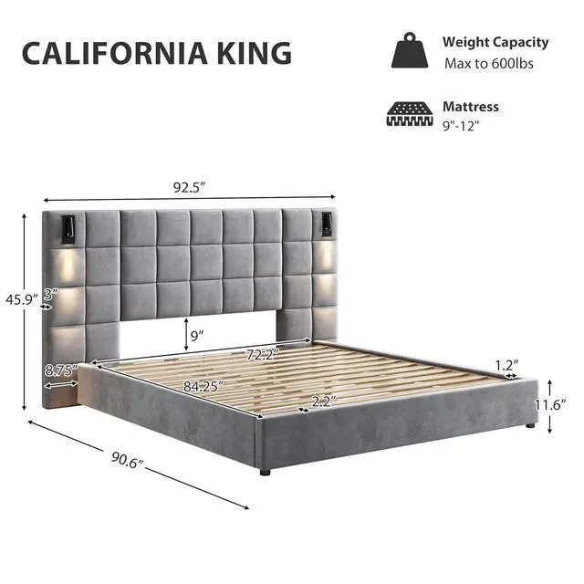 Alt view image 2 of 7 - Wide Headboard California King Bed with Reading Light, Velvet Upholstered Bedframe with Wall Sconce and USB Port, Soft Luxury Double Bed, Cushioned Bedroom Furniture, Easy Assembly, Gray