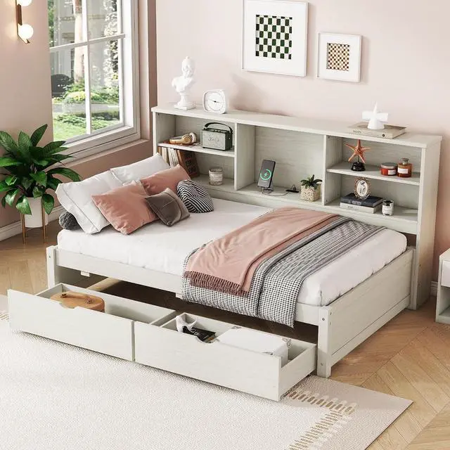 Main image of Twin Size Bed Frame with Desk Underneath, Side Bookshelves, Two Drawers & Built-in USB Port Perfect for Bedroom Storage & Organization