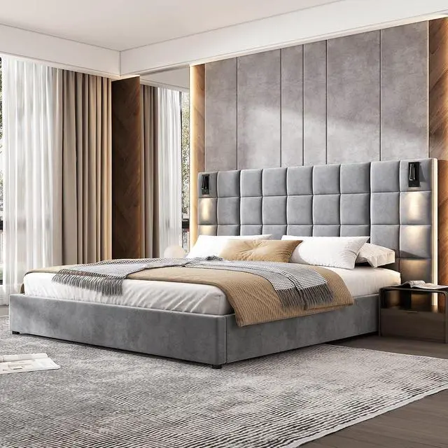 Alt view image 4 of 7 - Wide Headboard King Bed with Reading Light, Velvet Upholstered Bedframe with Wall Sconce and USB Port, Soft Luxury Double Bed, Cushioned Bedroom Furniture, Easy Assembly, Gray