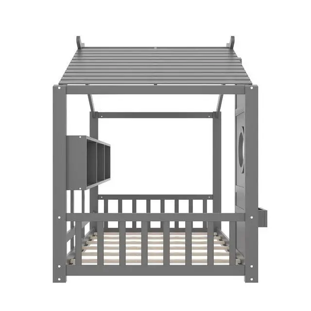 Alt view image 7 of 7 - Twin Size House Bed with Storage Shelf, Wood Floor Montessori Single Bed Frame, Roof Design Playhouse Bed for Boys Girls, Easy Assembly, Gray