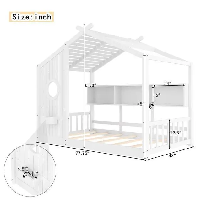 Alt view image 2 of 7 - Twin Size House Bed with Storage Shelf, Wood Floor Montessori Single Bed Frame, Roof Design Playhouse Bed for Boys Girls, Easy Assembly, White
