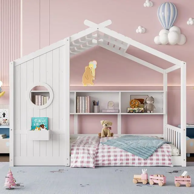 Alt view image 3 of 7 - Twin Size House Bed with Storage Shelf, Wood Floor Montessori Single Bed Frame, Roof Design Playhouse Bed for Boys Girls, Easy Assembly, White