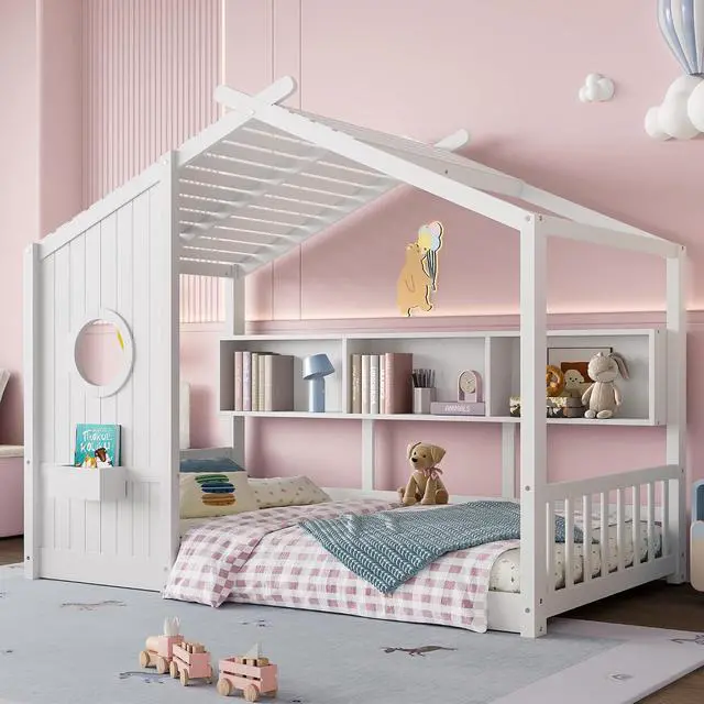 Alt view image 4 of 7 - Twin Size House Bed with Storage Shelf, Wood Floor Montessori Single Bed Frame, Roof Design Playhouse Bed for Boys Girls, Easy Assembly, White