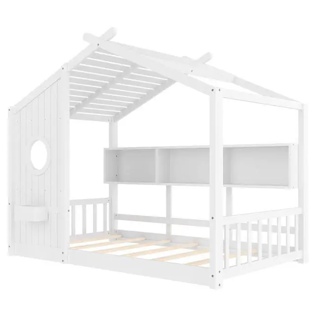 Alt view image 5 of 7 - Twin Size House Bed with Storage Shelf, Wood Floor Montessori Single Bed Frame, Roof Design Playhouse Bed for Boys Girls, Easy Assembly, White