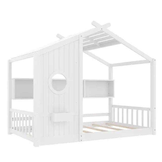 Alt view image 6 of 7 - Twin Size House Bed with Storage Shelf, Wood Floor Montessori Single Bed Frame, Roof Design Playhouse Bed for Boys Girls, Easy Assembly, White