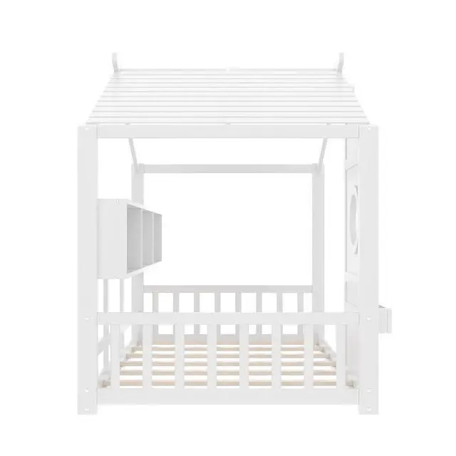 Alt view image 7 of 7 - Twin Size House Bed with Storage Shelf, Wood Floor Montessori Single Bed Frame, Roof Design Playhouse Bed for Boys Girls, Easy Assembly, White