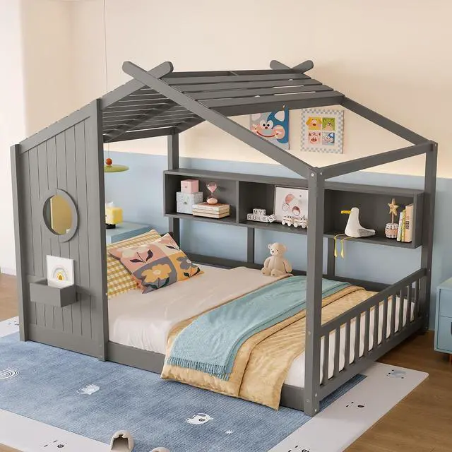Main image of Full Size House Bed with Storage Shelf, Wood Floor Montessori Bed Frame, Roof Design Playhouse Bed for Boys Girls, Easy Assembly, Gray