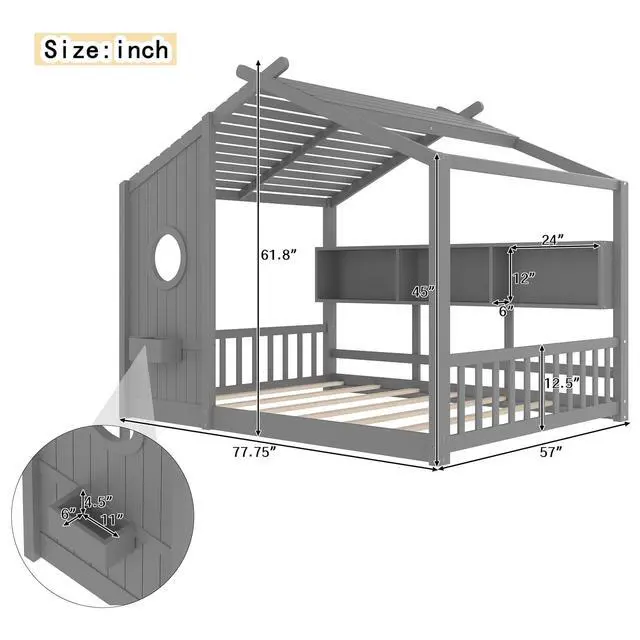 Alt view image 2 of 7 - Full Size House Bed with Storage Shelf, Wood Floor Montessori Bed Frame, Roof Design Playhouse Bed for Boys Girls, Easy Assembly, Gray