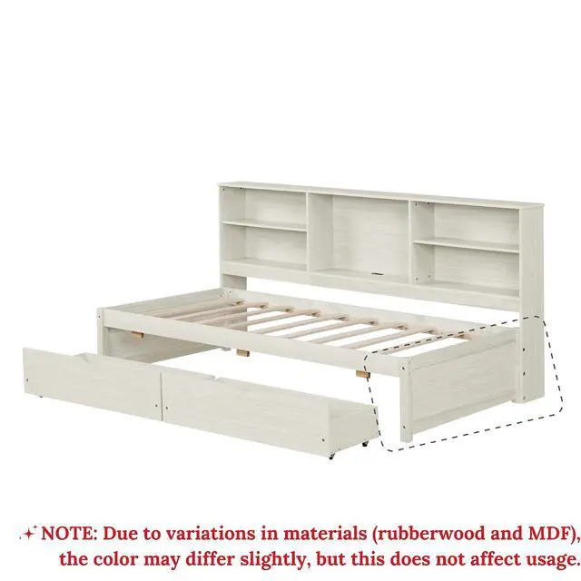 Alt view image 2 of 7 - Twin Size Bed Frame with Desk Underneath, Side Bookshelves, Two Drawers & Built-in USB Port Perfect for Bedroom Storage & Organization