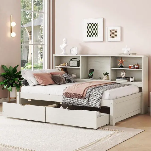 Alt view image 3 of 7 - Twin Size Bed Frame with Desk Underneath, Side Bookshelves, Two Drawers & Built-in USB Port Perfect for Bedroom Storage & Organization
