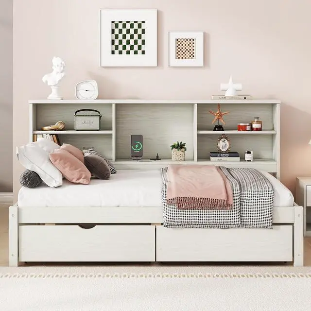 Alt view image 4 of 7 - Twin Size Bed Frame with Desk Underneath, Side Bookshelves, Two Drawers & Built-in USB Port Perfect for Bedroom Storage & Organization