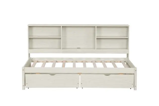 Alt view image 6 of 7 - Twin Size Bed Frame with Desk Underneath, Side Bookshelves, Two Drawers & Built-in USB Port Perfect for Bedroom Storage & Organization