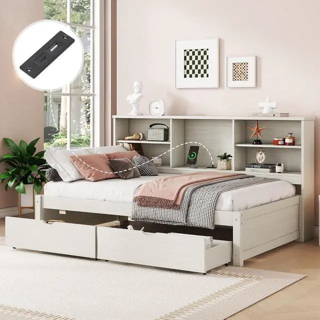Alt view image 5 of 7 - Twin Size Bed Frame with Desk Underneath, Side Bookshelves, Two Drawers & Built-in USB Port Perfect for Bedroom Storage & Organization
