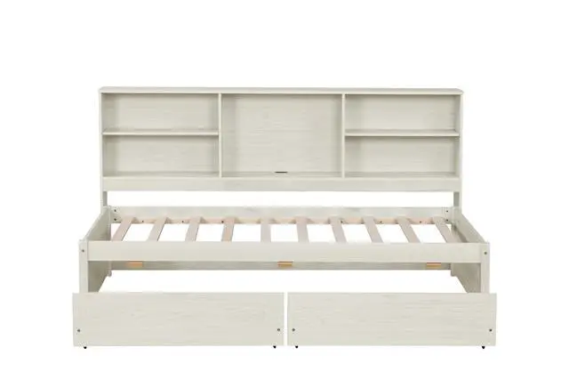 Alt view image 7 of 7 - Twin Size Bed Frame with Desk Underneath, Side Bookshelves, Two Drawers & Built-in USB Port Perfect for Bedroom Storage & Organization