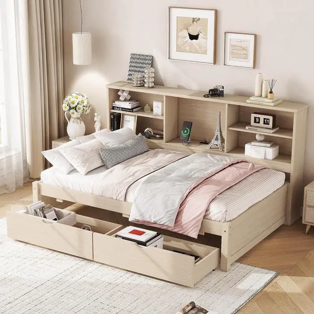 Main image of Twin Size Bed Frame with Desk Underneath, Side Bookshelves, Two Drawers & Built-in USB Port Perfect for Bedroom Storage & Organization