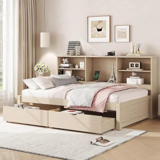Alt view image 3 of 7 - Twin Size Bed Frame with Desk Underneath, Side Bookshelves, Two Drawers & Built-in USB Port Perfect for Bedroom Storage & Organization