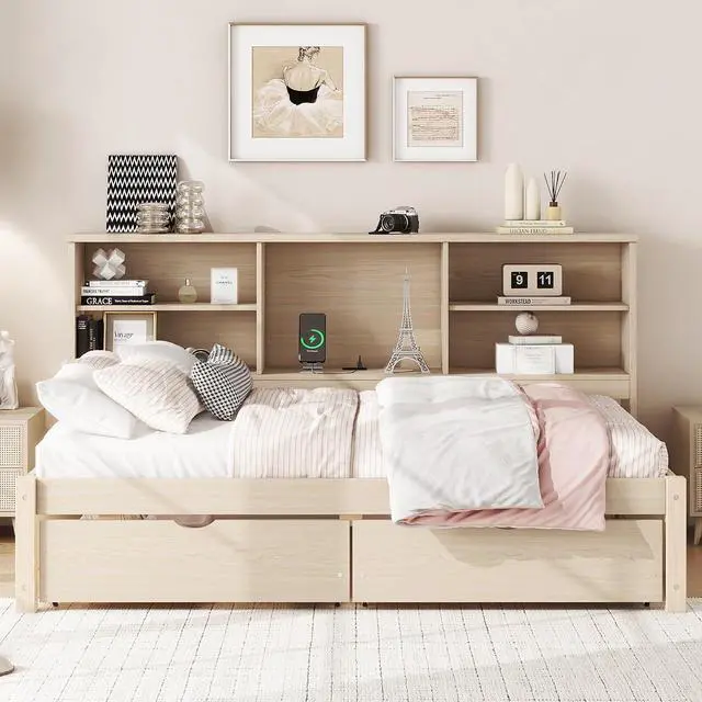 Alt view image 4 of 7 - Twin Size Bed Frame with Desk Underneath, Side Bookshelves, Two Drawers & Built-in USB Port Perfect for Bedroom Storage & Organization