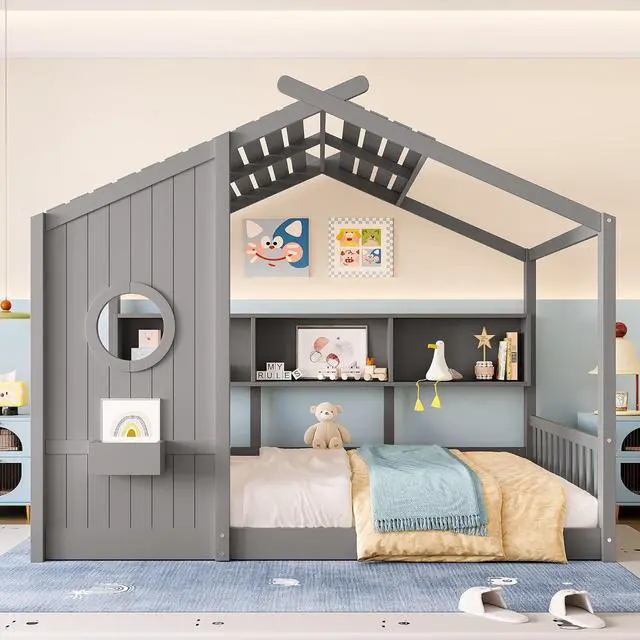 Alt view image 3 of 7 - Full Size House Bed with Storage Shelf, Wood Floor Montessori Bed Frame, Roof Design Playhouse Bed for Boys Girls, Easy Assembly, Gray