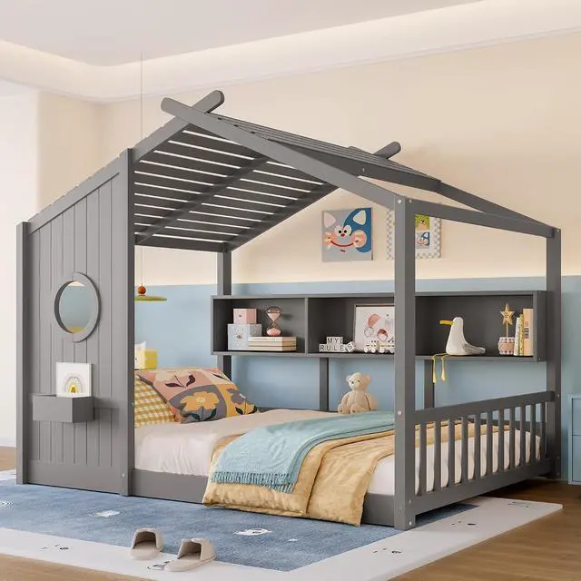 Alt view image 4 of 7 - Full Size House Bed with Storage Shelf, Wood Floor Montessori Bed Frame, Roof Design Playhouse Bed for Boys Girls, Easy Assembly, Gray