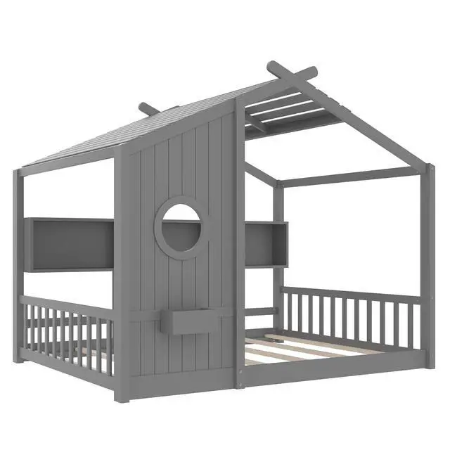 Alt view image 5 of 7 - Full Size House Bed with Storage Shelf, Wood Floor Montessori Bed Frame, Roof Design Playhouse Bed for Boys Girls, Easy Assembly, Gray