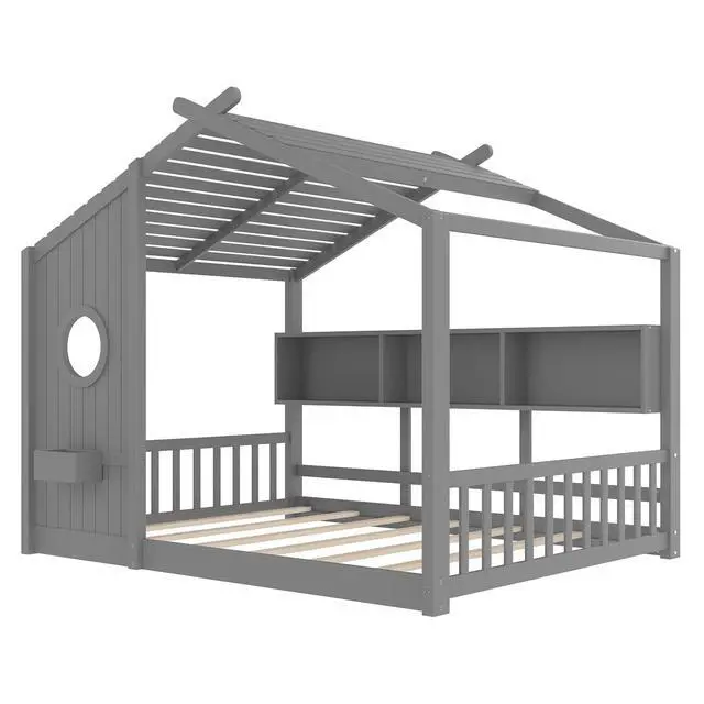 Alt view image 6 of 7 - Full Size House Bed with Storage Shelf, Wood Floor Montessori Bed Frame, Roof Design Playhouse Bed for Boys Girls, Easy Assembly, Gray